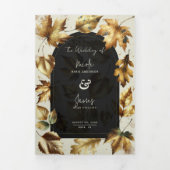 Gold Leaves Almond Beige & Black Glam Fall Wedding Drieluik Uitnodiging (Cover)