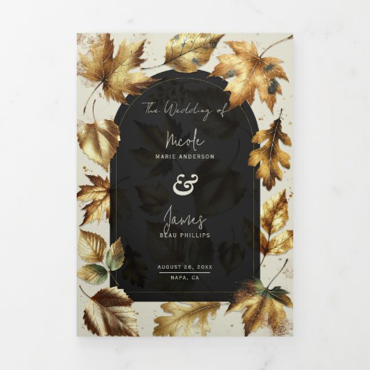 Gold Leaves Almond Beige & Black Glam Fall Wedding Drieluik Uitnodiging (Cover)