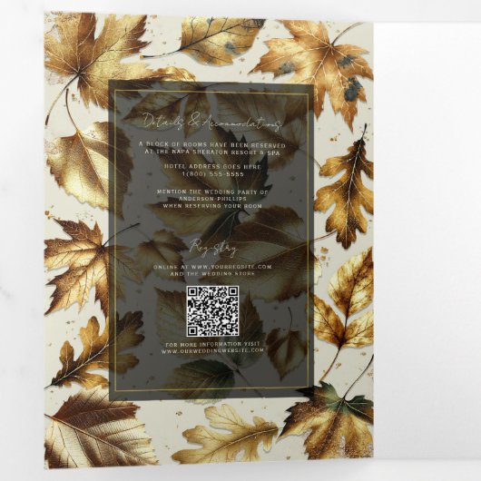 Gold Leaves Almond Beige & Black Glam Fall Wedding Drieluik Uitnodiging (Binnenzijde eerst)