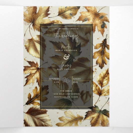 Gold Leaves Almond Beige & Black Glam Fall Wedding Drieluik Uitnodiging (Binnenkant midden)