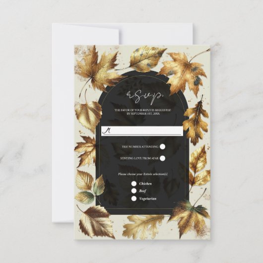 Gold Leaves Almond & Beige Black Glam Herfst RSVP (Voorkant)