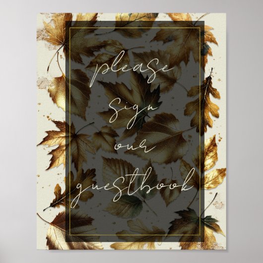 Gold Leaves Almond Beige & Black Guestbook Sign Poster (Voorkant)