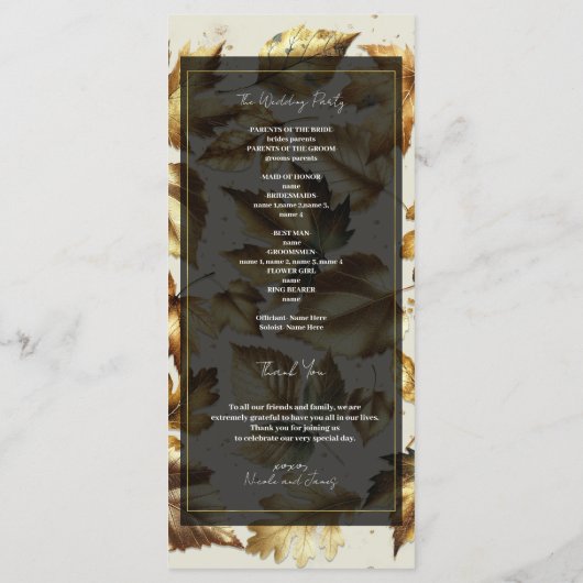 Gold Leaves Almond Beige & Black Wedding Programma Programmakaart (Achterkant)