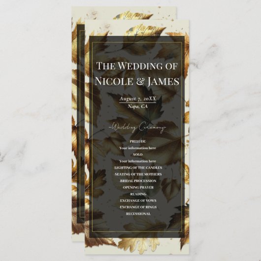 Gold Leaves Almond Beige & Black Wedding Programma Programmakaart (Voorkant / Achterkant)