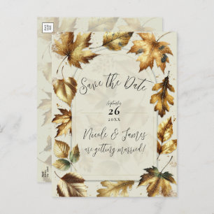 Gold Leaves Almond Beige Cream Herfst Save the Dat Aankondigingskaart