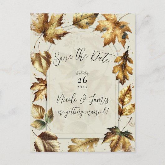 Gold Leaves Almond Beige Cream Herfst Save the Dat Aankondigingskaart (Voorkant)