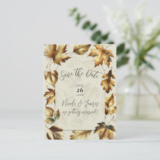 Gold Leaves Almond Beige Cream Herfst Save the Dat Aankondigingskaart (Staand voorkant)