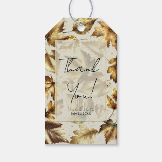 Gold Leaves Almond Beige Glam Fall Wedding Cadeaulabel (Voorkant)