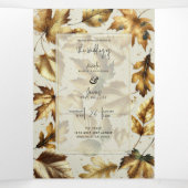 Gold Leaves Almond Beige Glam Fall Wedding Drieluik Uitnodiging (Binnenkant midden)