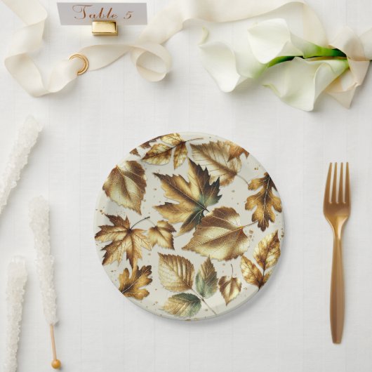 Gold Leaves Almond Beige Glam Fall Wedding Papieren Bordje (Huwelijk)