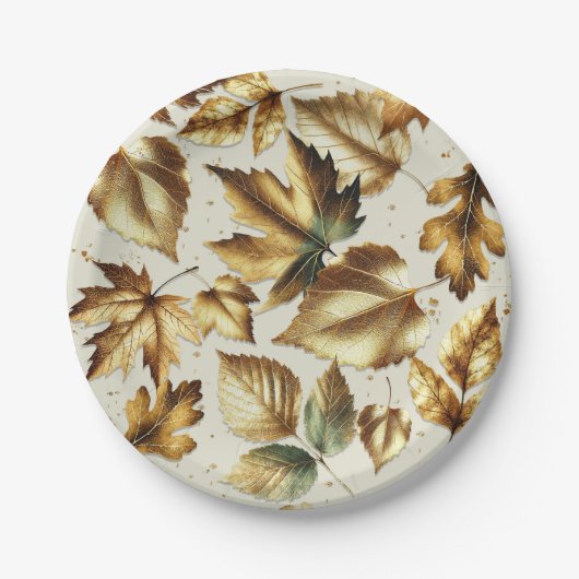 Gold Leaves Almond Beige Glam Fall Wedding Papieren Bordje (Voorkant)