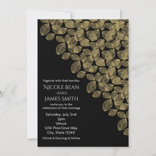 Gold Leaves Black Autumn Elegance Wedding Kaart (Voorkant)