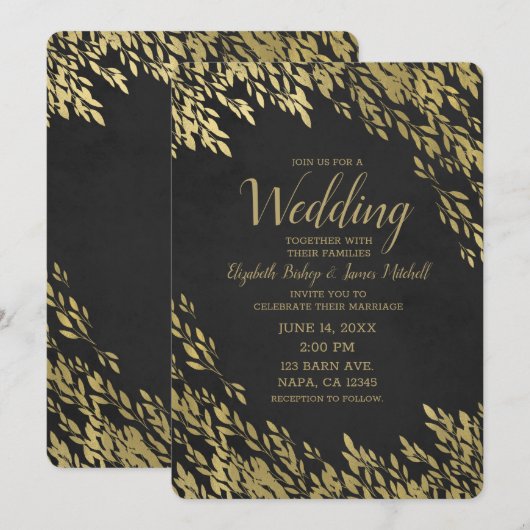 Gold Leaves & Black Chalk Chic Rustic Wedding Kaart (Voorkant / Achterkant)