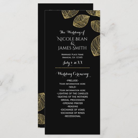 Gold Leaves Black Herfst Wedding Programma Programmakaart (Voorkant / Achterkant)