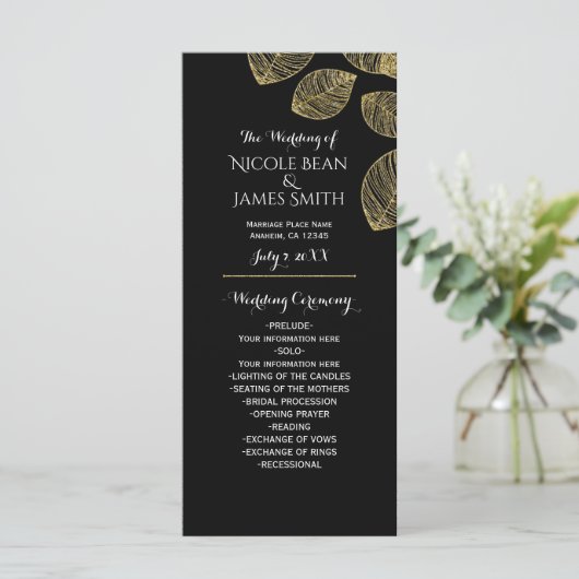 Gold Leaves Black Herfst Wedding Programma Programmakaart (Staand voorkant)