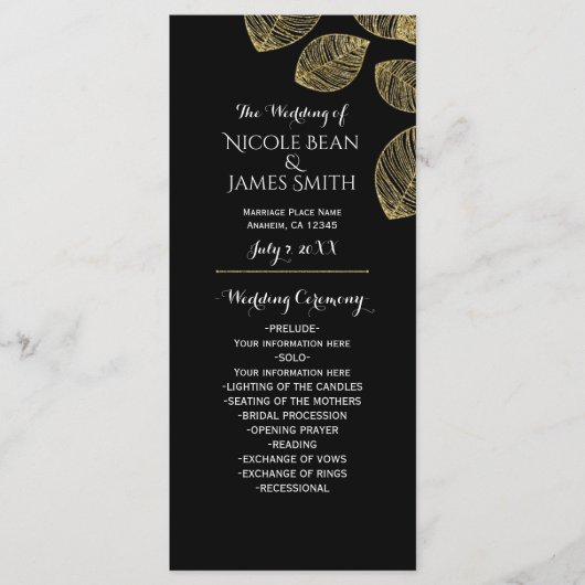 Gold Leaves Black Herfst Wedding Programma Programmakaart (Voorkant)