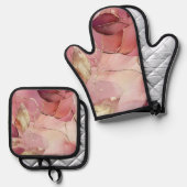 Gold Leaves Bourgogne Blush Pink Ovenwant & Pannenlap Set (Voorkant / Achterkant)