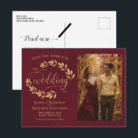 Gold Leaves Burgundy Wedding Save the Date Photo Aankondigingskaart<br><div class="desc">This wedding Save the Date postcard is rustic, elegant, and beautiful. It features a hand painted watercolor design with sprigs of golden laurel leaves or vines and modern script lettering on a marbled burgundy background. There is space for your photo, the couple's name, and the wedding location. The back has...</div>