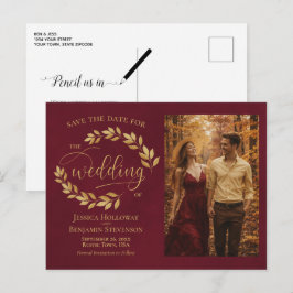 Gold Leaves Burgundy Wedding Save the Date Photo Aankondigingskaart