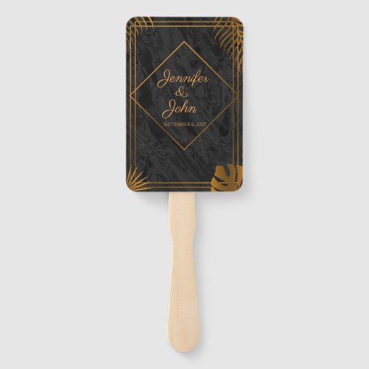 Gold Leaves en Geometric Lijst Tropical Wedding Handwaaier (Achterkant)