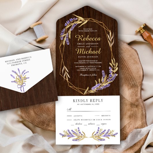 Gold Leaves en Lavender Floral Barn Wood Wedding All In One Uitnodiging