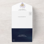 Gold Leaves en Lavender Floral Navy Blue Wedding All In One Uitnodiging (Buitenkant)