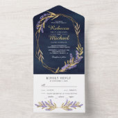 Gold Leaves en Lavender Floral Navy Blue Wedding All In One Uitnodiging (Binnen)