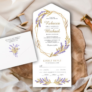 Gold Leaves en Lavender Floral Wedding All In One Uitnodiging