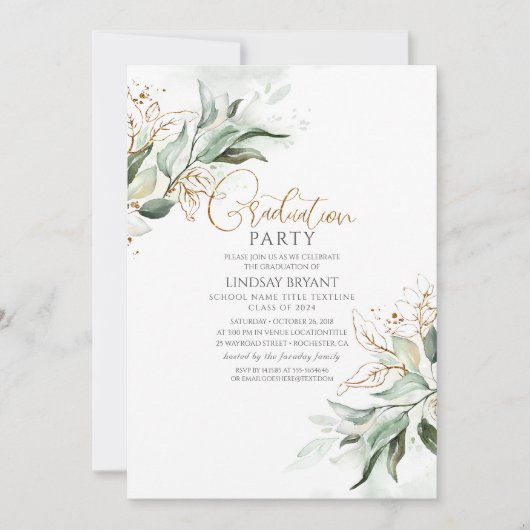 Gold Leaves Eucalyptus Greenery Cute Afstuderen Kaart (Voorkant)