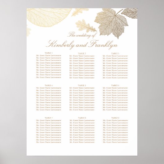 Gold Leaves Fall Wedding Seating Chart Poster (Voorkant)