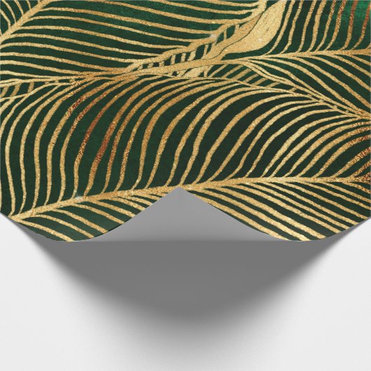 Gold Leaves Forest Green Elegant Pattern Cadeaupapier (Hoek)