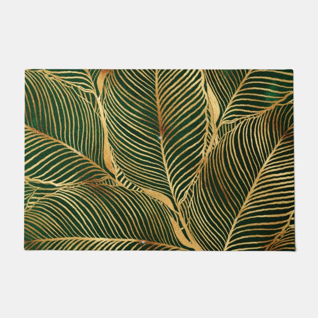 Gold Leaves Forest Green Elegant Pattern Deurmat (Voorkant)