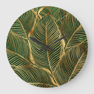 Gold Leaves Forest Green Elegant Pattern Grote Klok