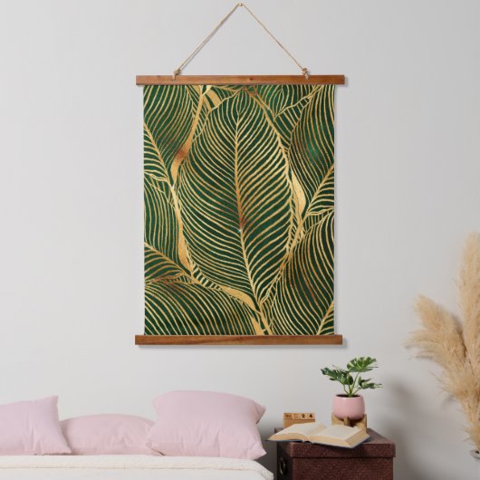 Gold Leaves Forest Green Elegant Pattern Hangend Wandkleed (Slaapkamer)