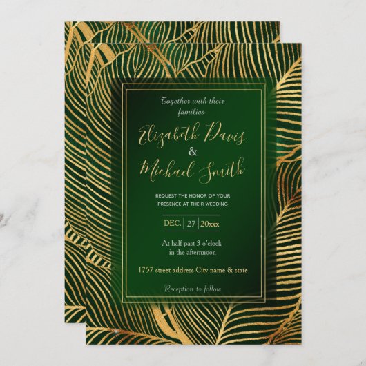 Gold Leaves Forest Green Elegant Pattern Kaart (Voorkant / Achterkant)