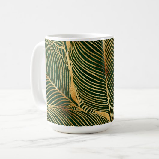 Gold Leaves Forest Green Elegant Pattern Koffiemok (Voorkant links)