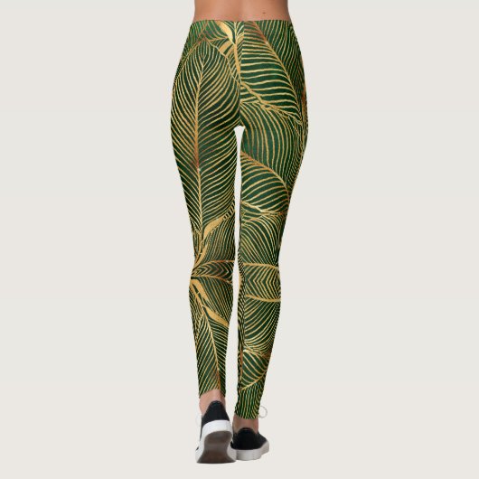 Gold Leaves Forest Green Elegant Pattern Leggings (Achterkant)