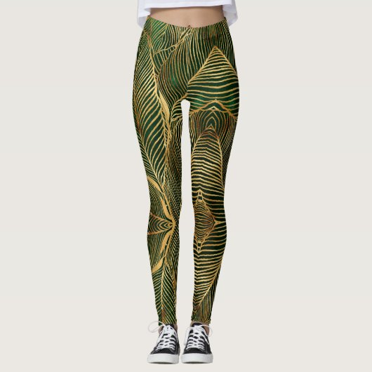 Gold Leaves Forest Green Elegant Pattern Leggings (Voorkant)