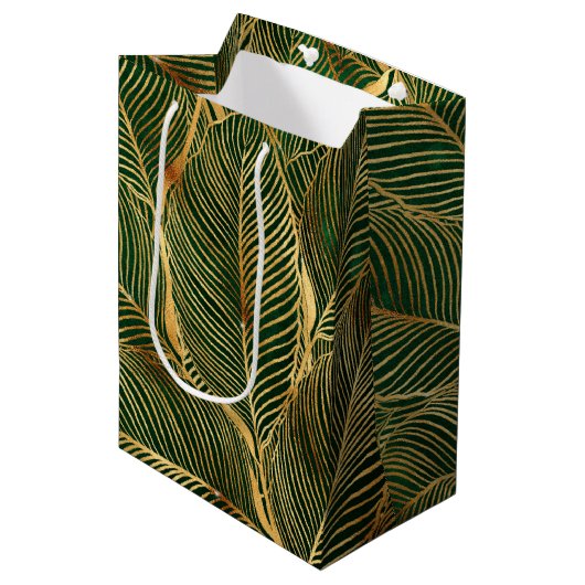 Gold Leaves Forest Green Elegant Pattern Medium Cadeauzakje (Voorkant Gekanteld)