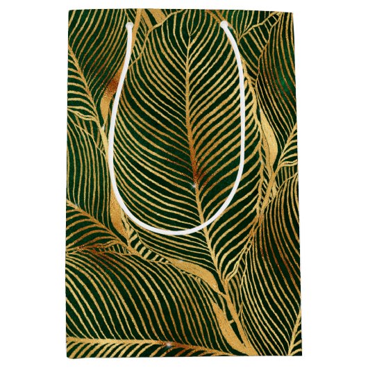 Gold Leaves Forest Green Elegant Pattern Medium Cadeauzakje (Voorkant)