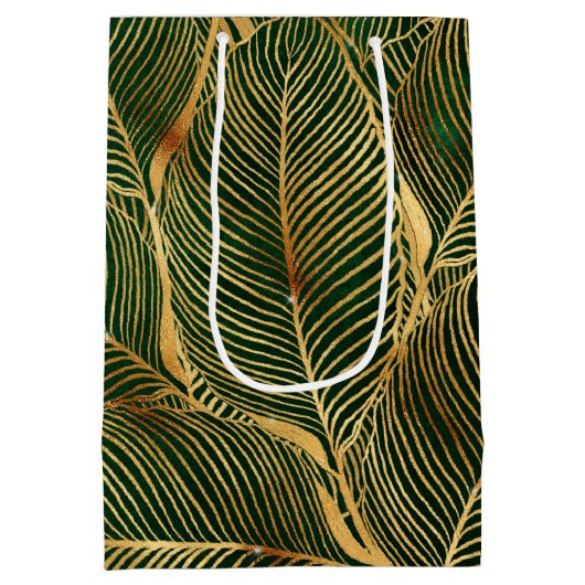 Gold Leaves Forest Green Elegant Pattern Medium Cadeauzakje (Achterkant)