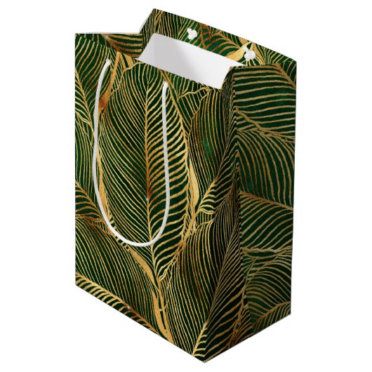 Gold Leaves Forest Green Elegant Pattern Medium Cadeauzakje (Achterkant Gekanteld)
