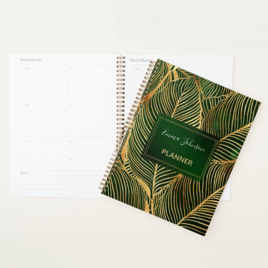 Gold Leaves Forest Green Elegant Pattern Planner (Display)