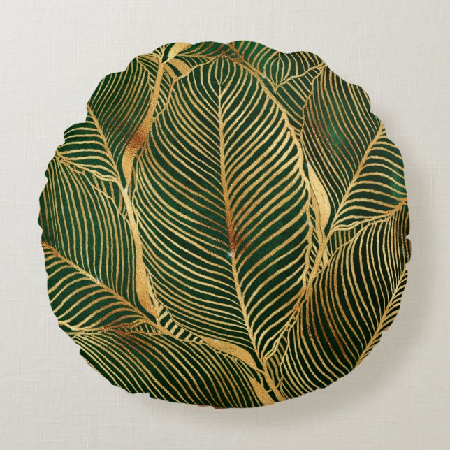 Gold Leaves Forest Green Elegant Pattern Rond Kussen (Voorkant)