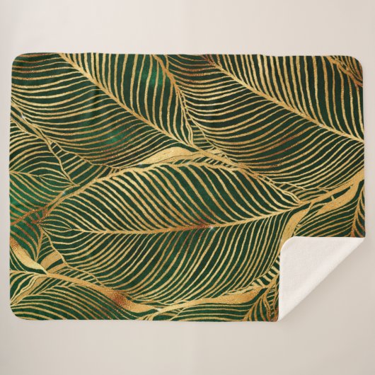 Gold Leaves Forest Green Elegant Pattern Sherpa Deken (Voorkant (horizontaal))