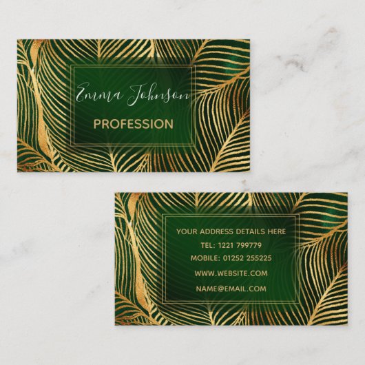 Gold Leaves Forest Green Elegant Pattern Visitekaartje (Voorkant / Achterkant)