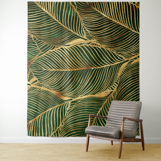 Gold Leaves Forest Green Elegant Pattern Wandkleed (In situ)