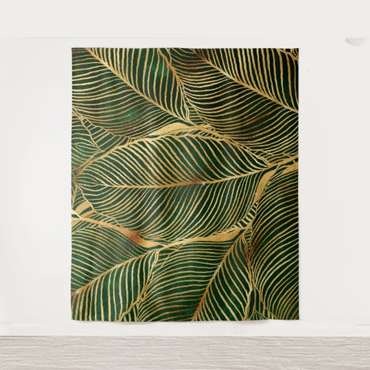 Gold Leaves Forest Green Elegant Pattern Wandkleed (Voorkant)