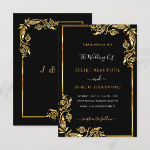 Gold Leaves Framed Black Wedding Uitnodiging