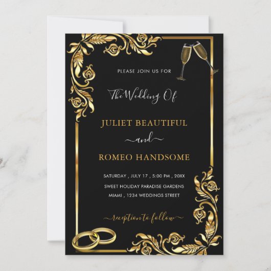 Gold Leaves Framed Golden Black Wedding Invitation (Voorkant)